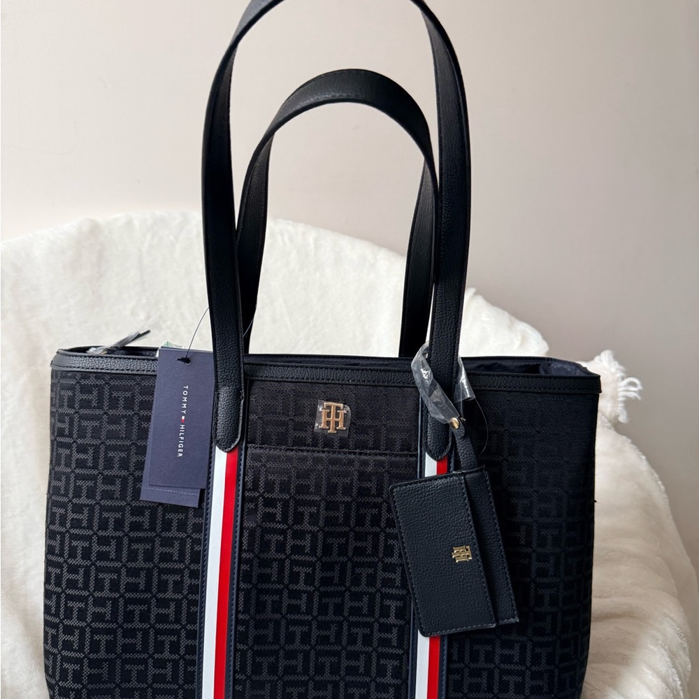 Tommy Hilfiger Black Tote with Signature Monogram and Tricolor Stripes